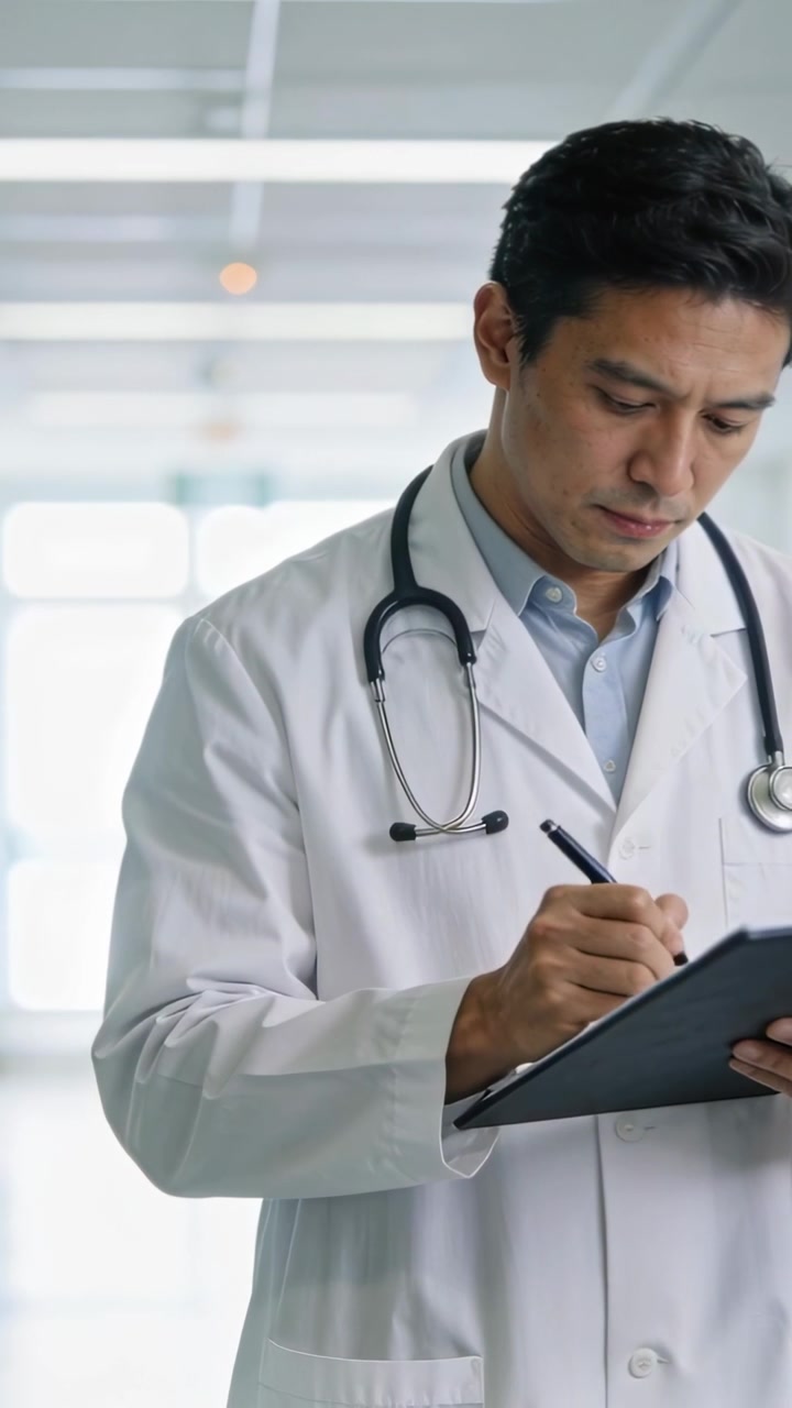 Vertical video: Camera focusing doctor in coat noting on clipboard with pen in hall, copy space
