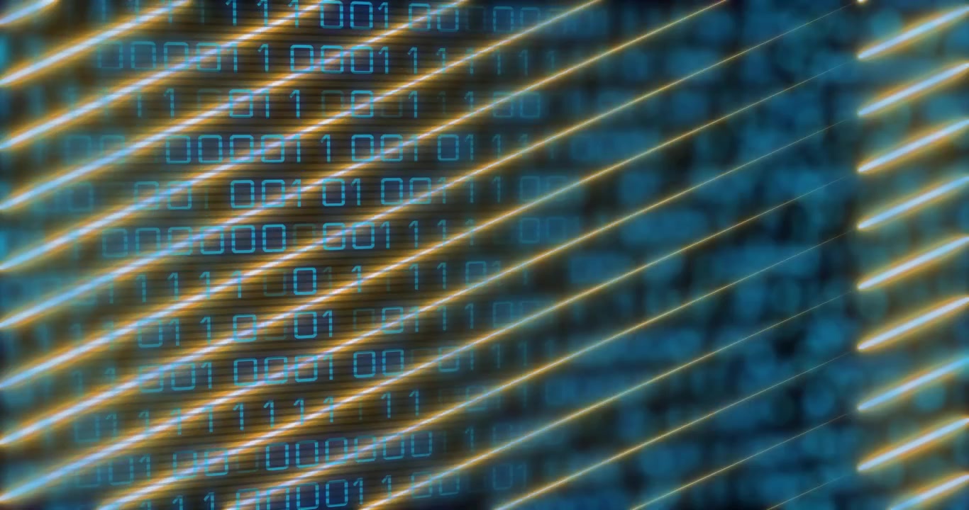 Playback starting glowing binary column flickering while gold streaks sliding right, showing data