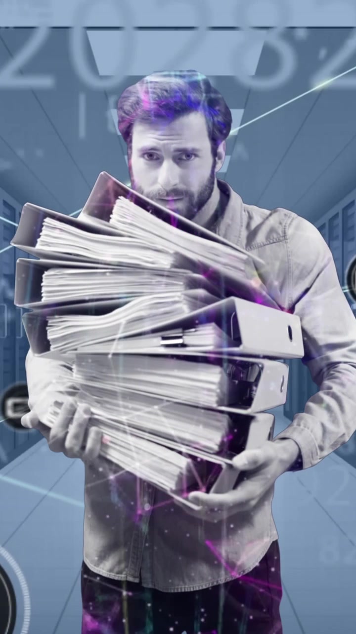 Animation of network of connections with caucasian man and data processing over server room