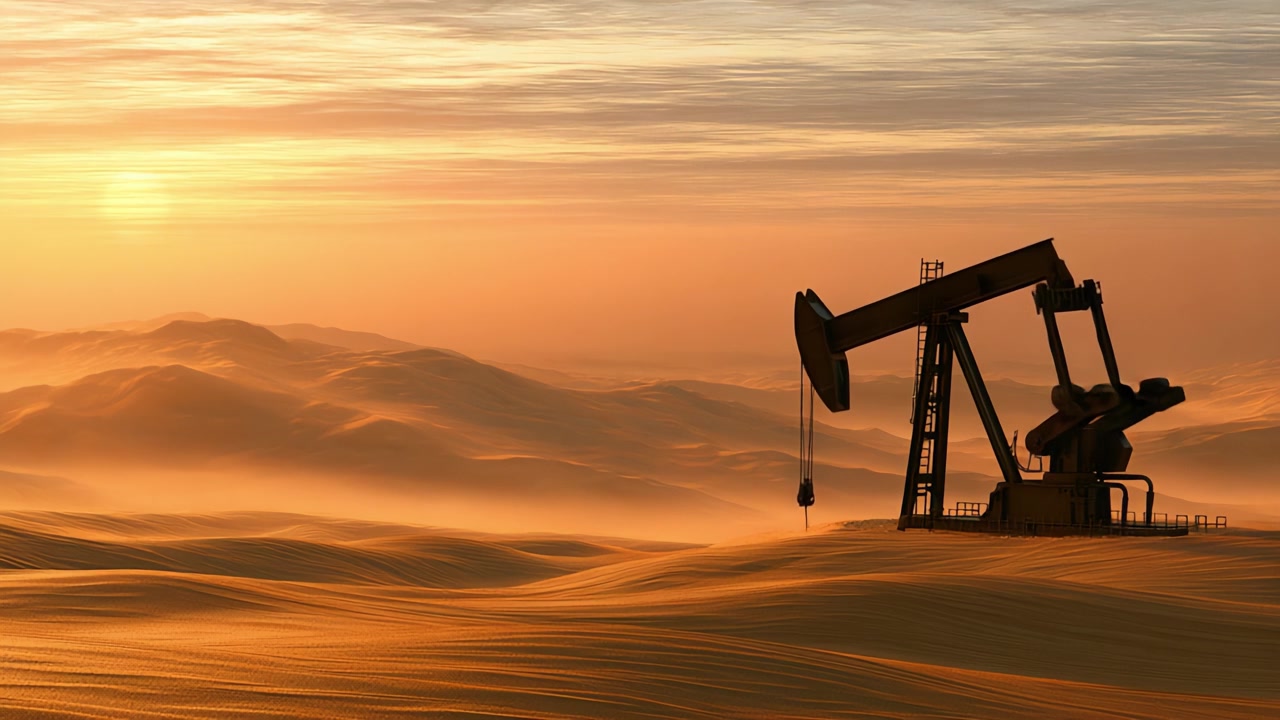 A tranquil sunset over a vast desert landscape, featuring an oil pumpjack silhouetted against the glowing horizon, capturing the essence of energy extraction in nature's beauty.