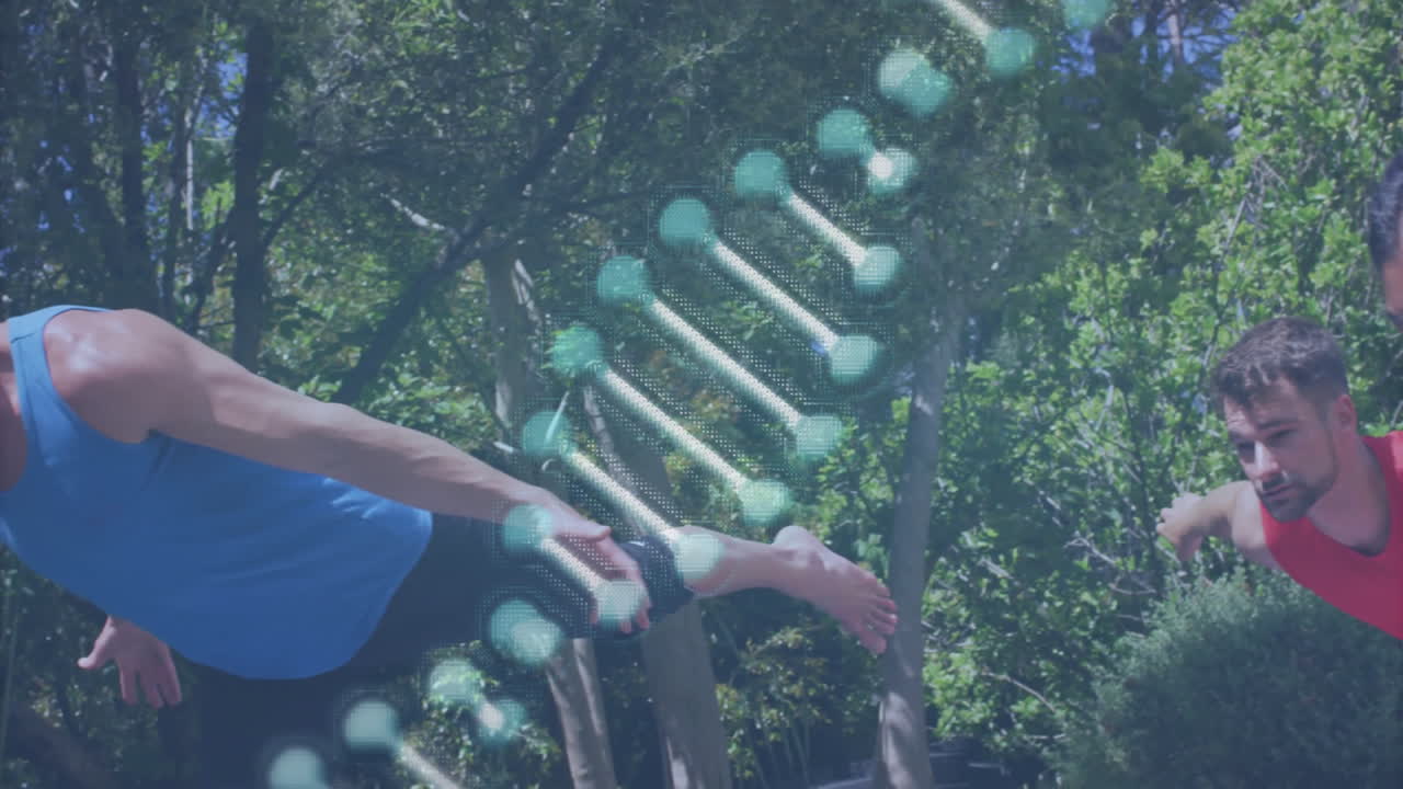 Stretching outdoors, people with DNA strand animation overlaying scene