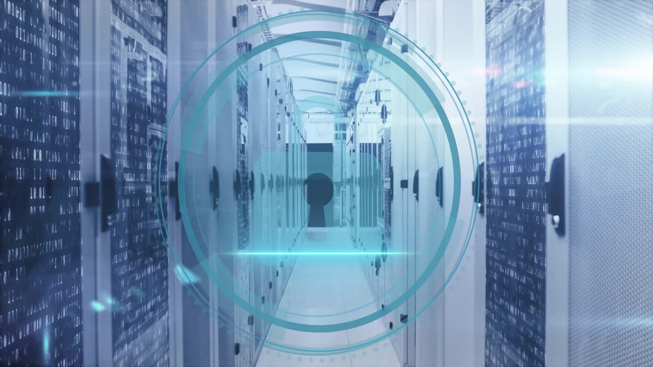 animación de iconos de candados y procesamiento de datos digitales a través de servidores informáticos