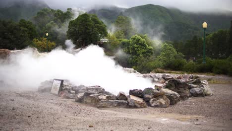 Geothermal-caldeira-with-hot-steam-or-vapor-from-the-volcano-underneath-in-Furnas,-San-Miguel-Portugal