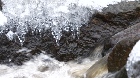 natural ice formation icicles on rock in natural stream of water