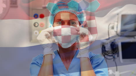 animation of flag of croatia waving over surgeon in face masks