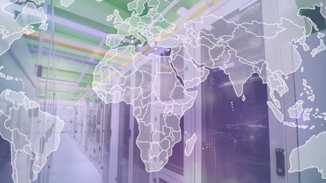 Animación-Del-Mapa-Mundial-Y-Puntos-De-Luz-Contra-La-Sala-De-Servidores-Informáticos