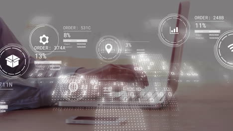 animación de estadísticas y procesamiento de datos sobre empresario caucásico usando computadora portátil en la oficina
