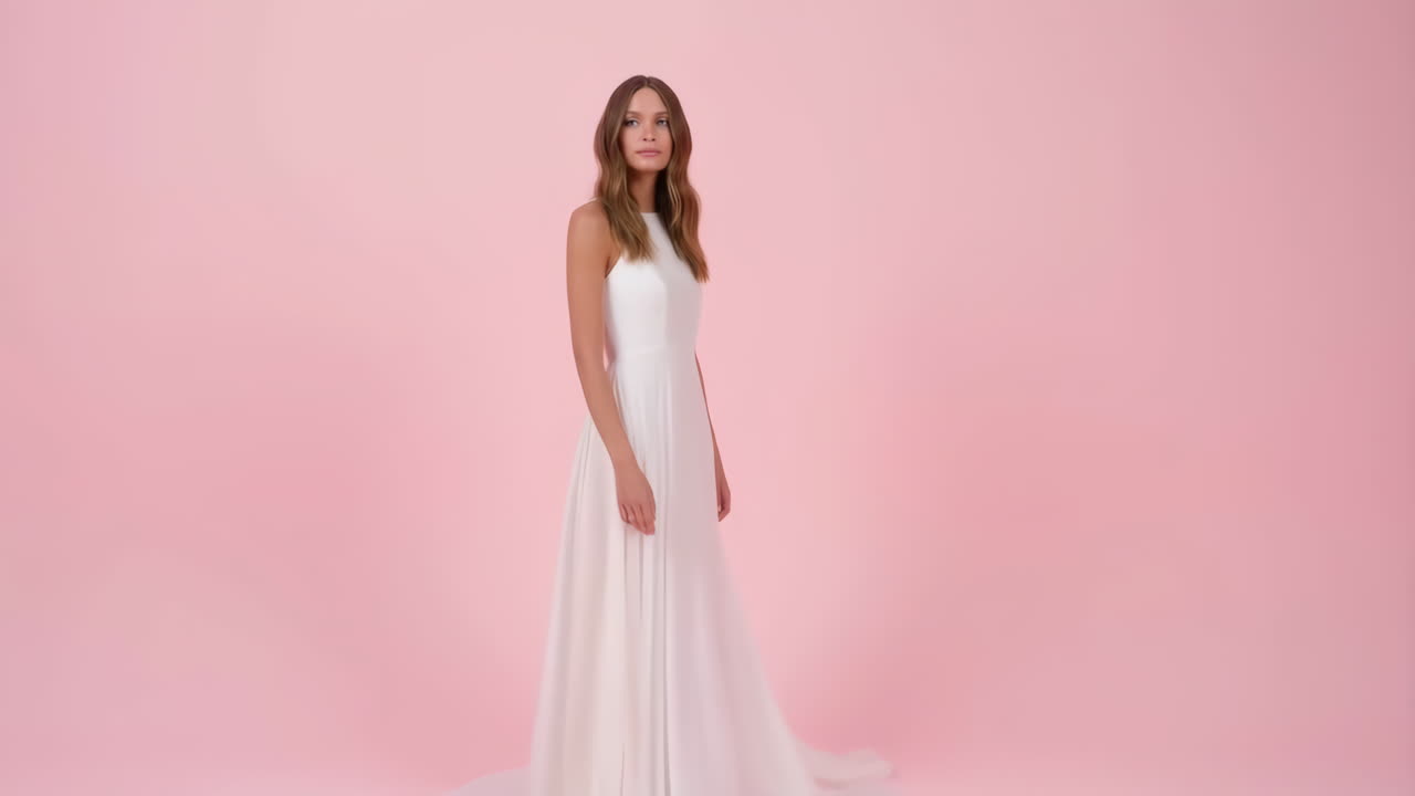 Donna Elegante in Posa con Abito da Sposa Bianco su Sfondo Rosa