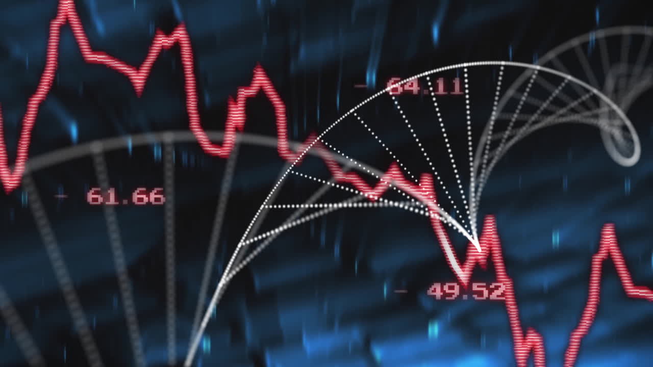 Animation of red financial graph with data points over abstract blue background