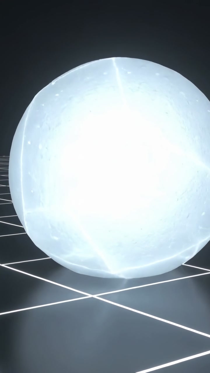Vertical video: Rotating cubes as cam zooming, merging into bright sphere on grid with reflections