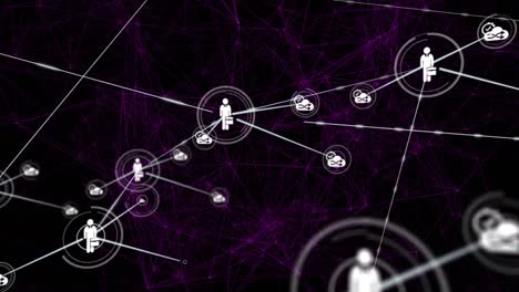 Animation-of-network-of-connections-with-icons-over-black-and-violet-background