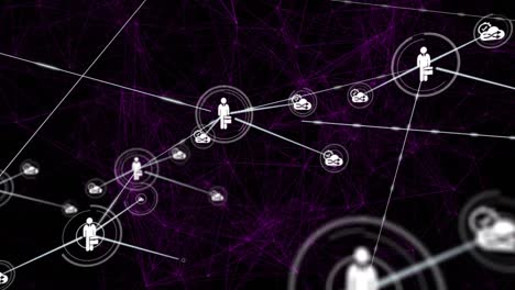 animation of network of connections with icons over black and violet background