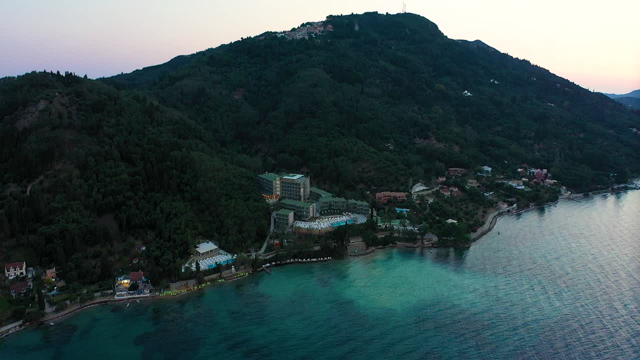 Aerial view of the Greek island of Corfu's beachfront hotel complex, Mythos Palace