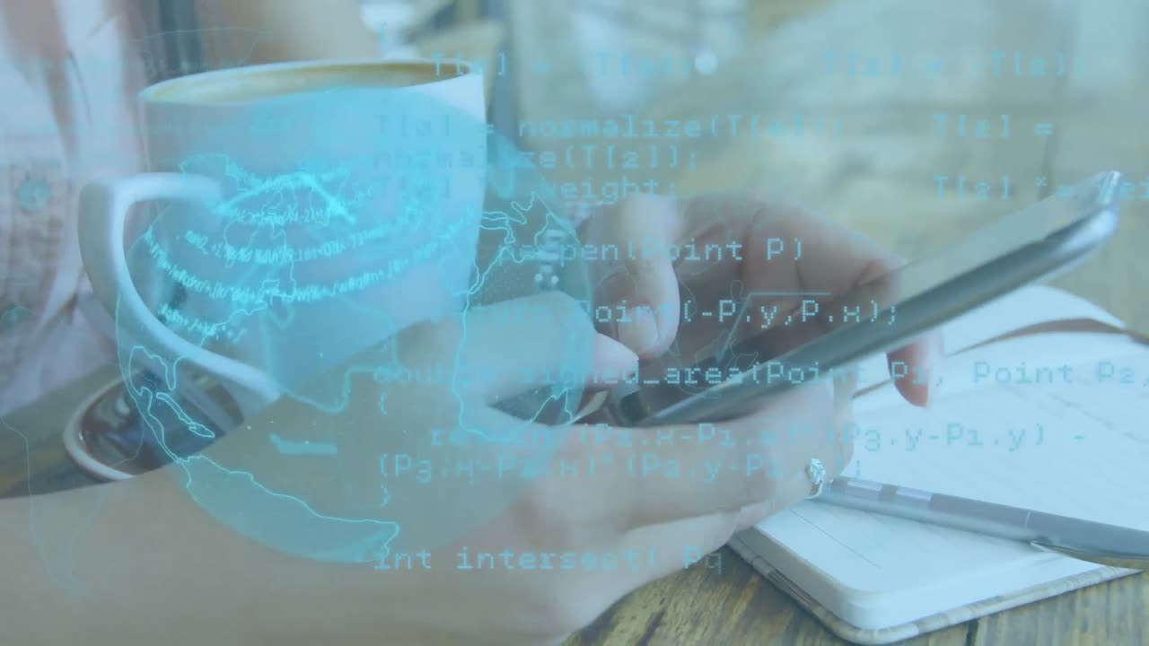 스마트폰을 사용하는 여성에 대한 지구의 애니메이션과 데이터 처리