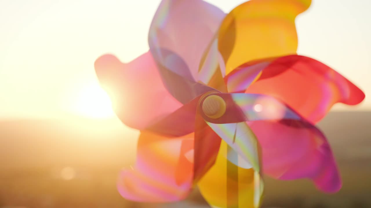 핀은 색의 플라스틱을 회전시키고, 바람이 는 바람과 함께 은 날의 해가 지는 하늘을 향해 바람을 불어넣습니다. 밀 태양과 함께 지평선 너머의 태양의 밝은 디스크가 내려갑니다. 렌즈 플레어. 휴식을 취하십시오.