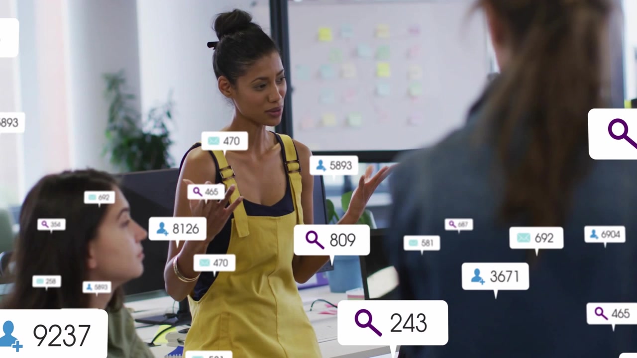 Woman speaker answering question in business meeting, search icons and user counts rising near her