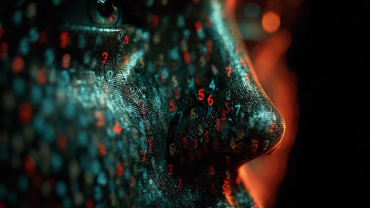 A Close-Up View of a Futuristic Digital Face Representing an AI Entity, Merging Technology with Human Features, Displaying Complex Numeric Patterns and Data Visualization on the Surface