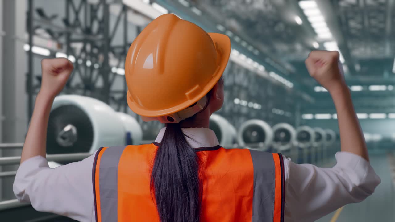 Primo piano di spalle di un'ingegnera con casco di sicurezza, che alza le mani festeggiando mentre lavora, nella linea di produzione e assemblaggio di motori aeronautici in una fabbrica moderna.
