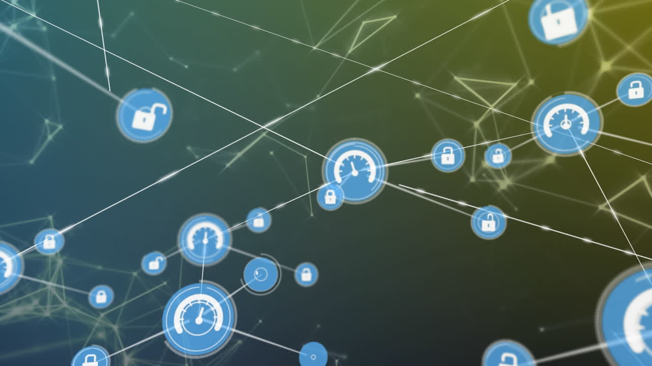 animación de la red de conexiones e íconos digitales contra un fondo de gradiente verde.