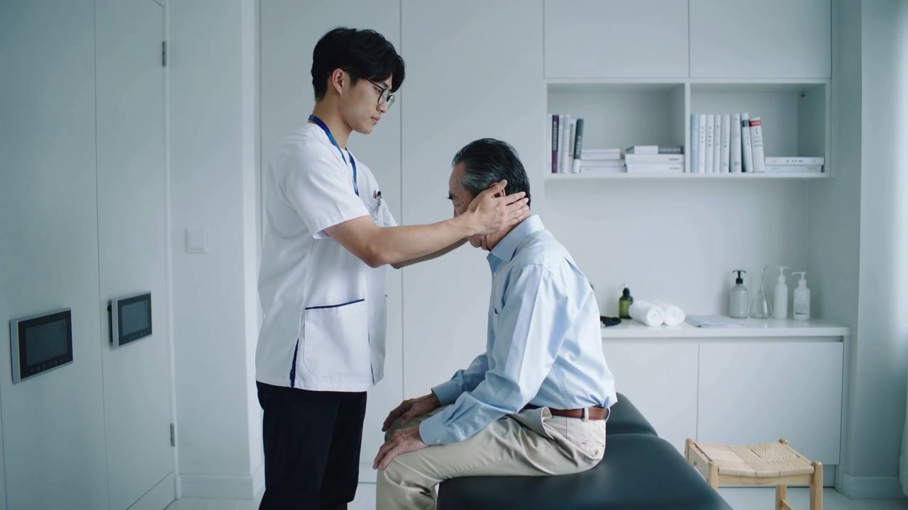 手を添えた臨床医が、クリニックで患者の首の屈曲を誘導し、ストラップを使って可動域を確認している。