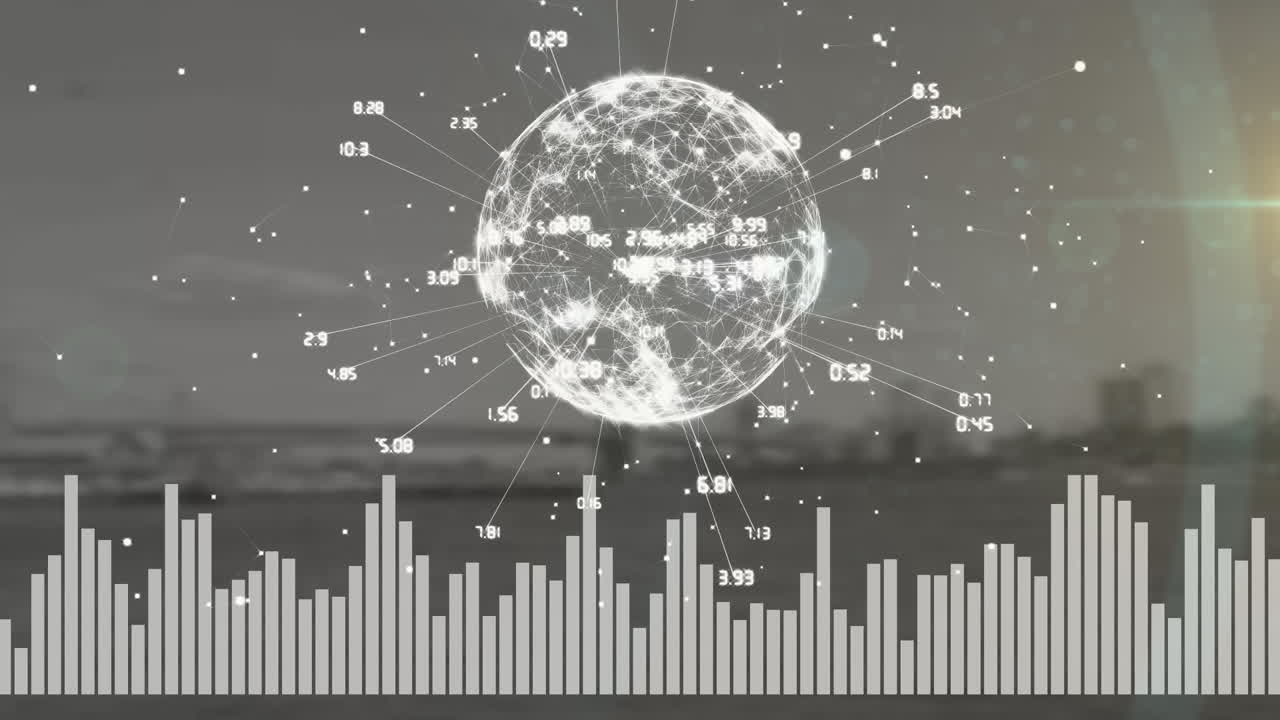 globo de red de conexiones y ecualizador de música contra el paisaje urbano en el fondo