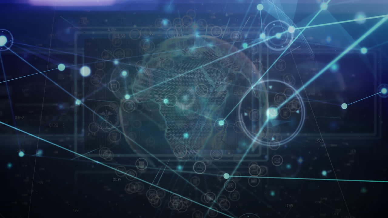 Animation of globe with network of connections with icons and glowing spots