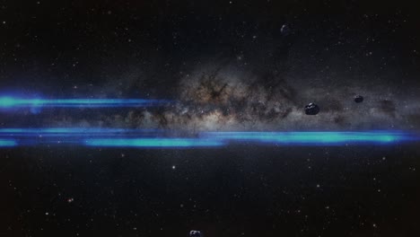 galaxy exploration through outer space towards glowing milky way galaxy