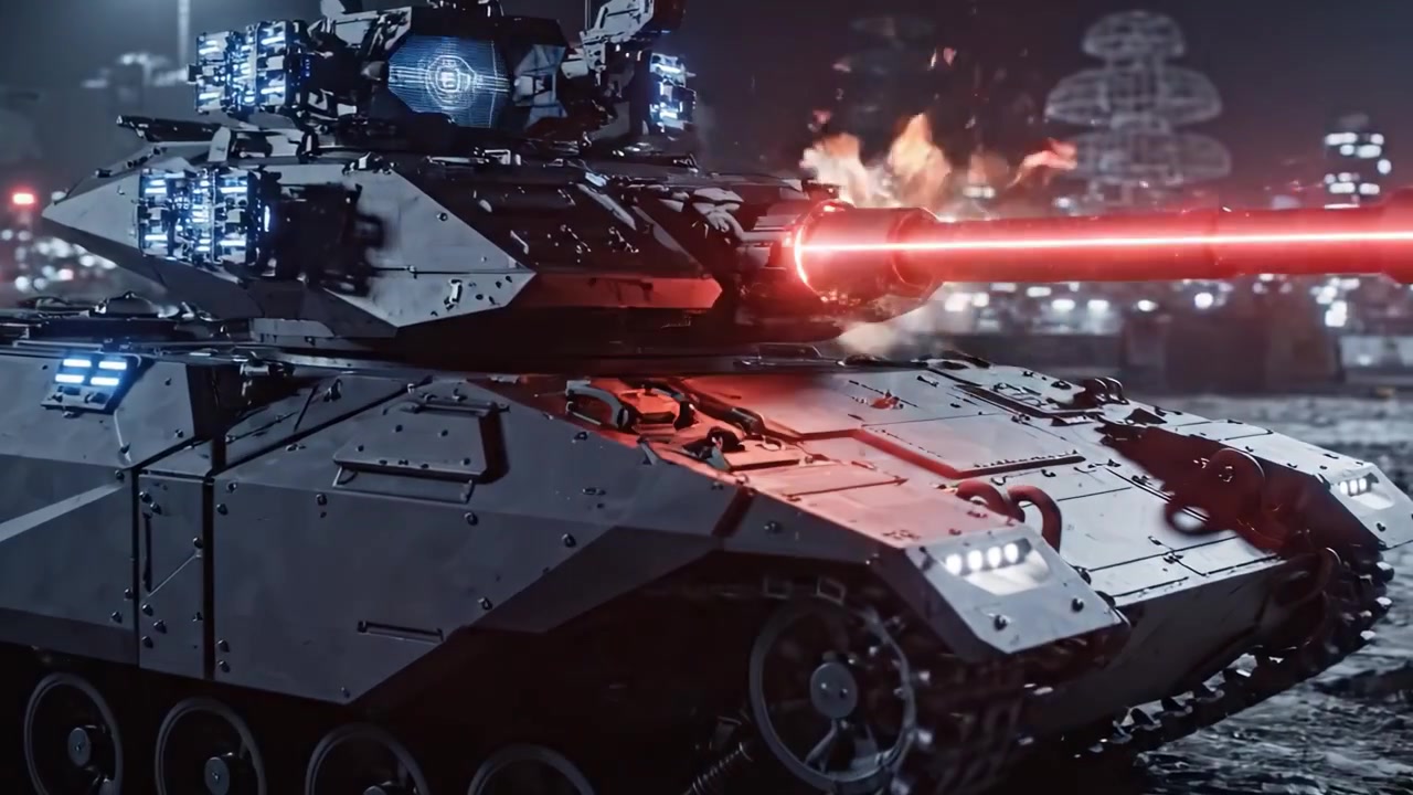 A Dynamic Military Tank Maneuvering Through a Futuristic Landscape Surrounded by Smoke and City Lights, Capturing the Essence of Advanced Warfare Technology