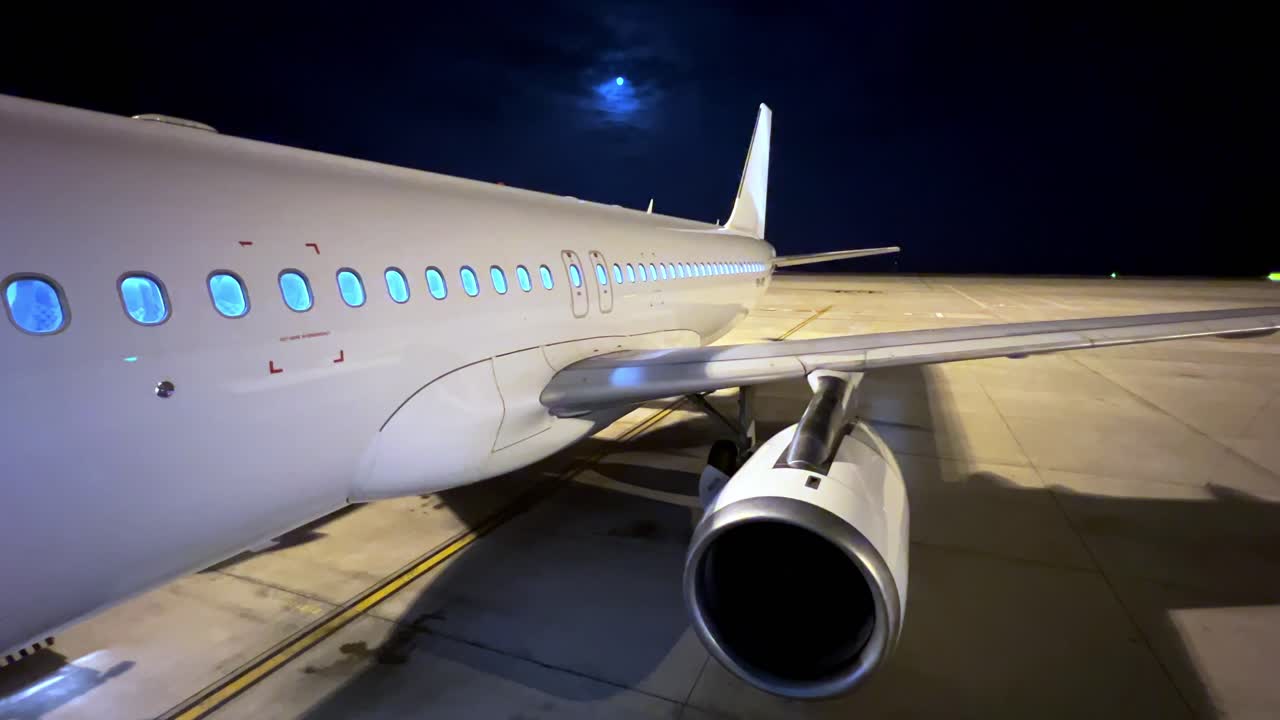 vista nocturna inusual del avión estacionado en el aeropuerto con cuerpo blanco que muestra el motor del ala del fuselaje y la cola con la luna en el fondo