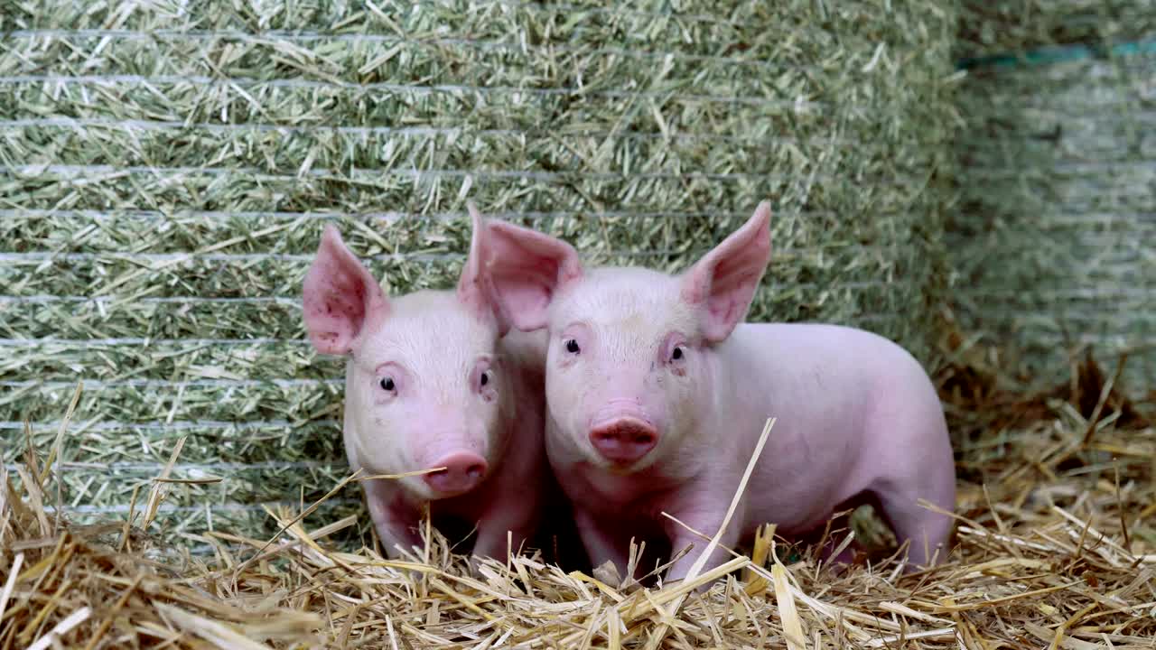 농장에서 에 서 있는 새끼 돼지, 생물학적 개념, 동물의 건강, 우정, 자연에 대한 사랑, 채식주의 및 채식주의 스타일, 동물에 대한 존중.