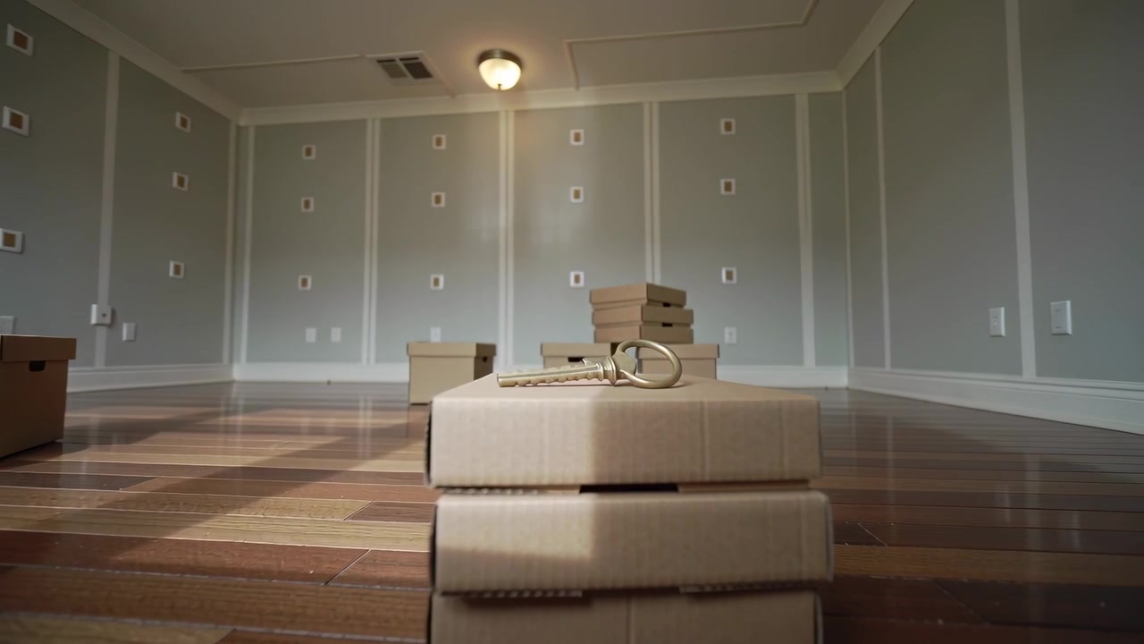 Panning low camera lowering view shifting right through room, centering brass key atop box stack