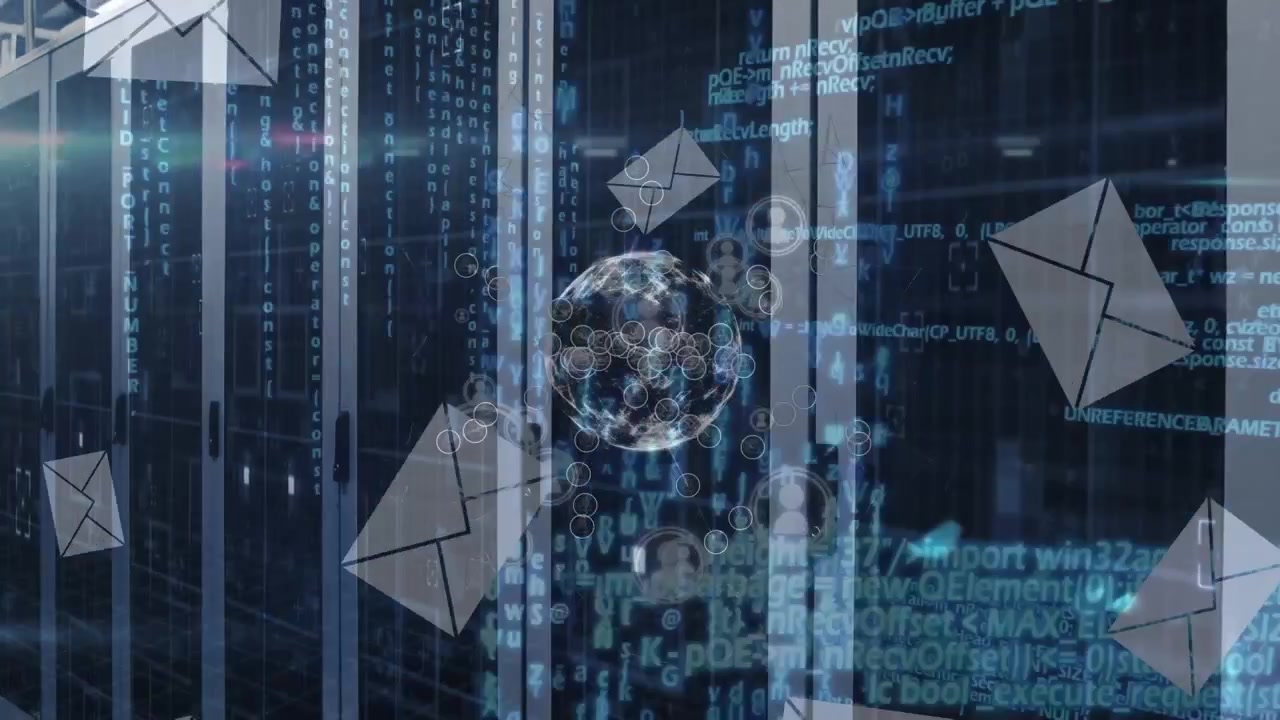 Animated Global Network and Email Icons in a Server Room