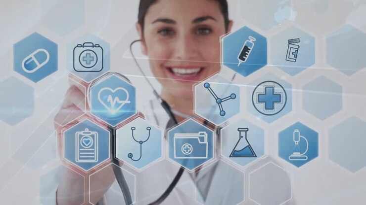 Doctor levantando el estetoscopio y tocando los controles, haciendo que aparezcan iconos de kits de pastillas de corazón hexagonales.