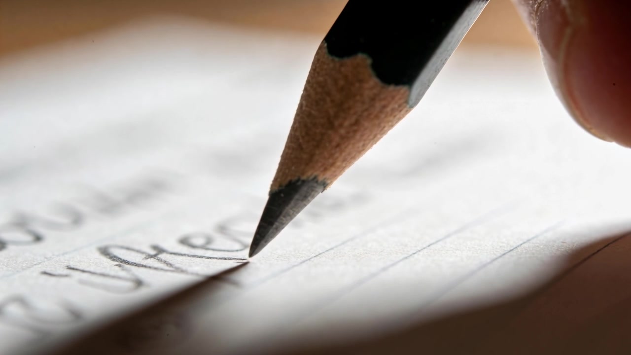 Toccando un tratto di grafite, la punta di una matita affilata tenuta tra le dita forma lettere in corsivo su carta a righe.