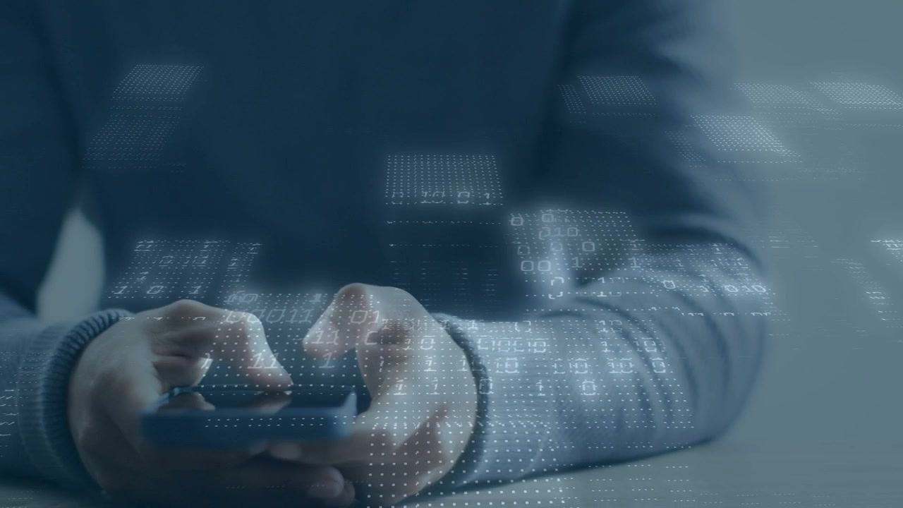 Man keeps tapping smartphone on table as holographic data blocks appear, exploring tech details