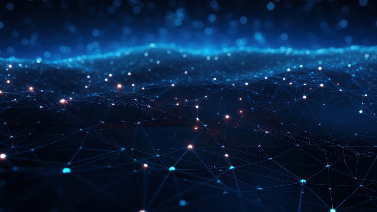 Futuristic digital network with glowing nodes and lines, captured from a low-angle perspective