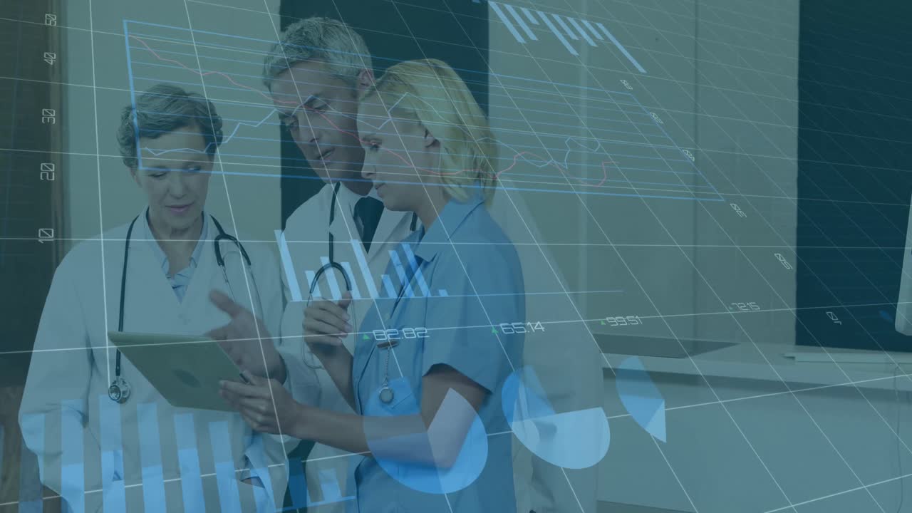 animación de gráficos y datos sobre mujeres y hombres médicos caucásicos sonrientes