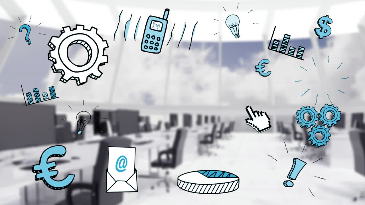 비어있는 사무실 위로 이동하는 비즈니스 아이콘의 애니메이션