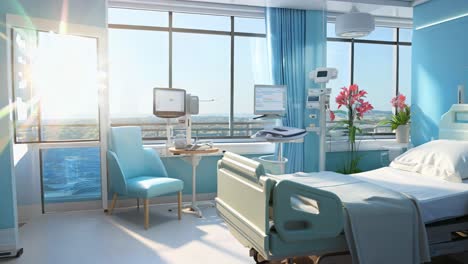 daytime hospital room with a view and medical equipment
