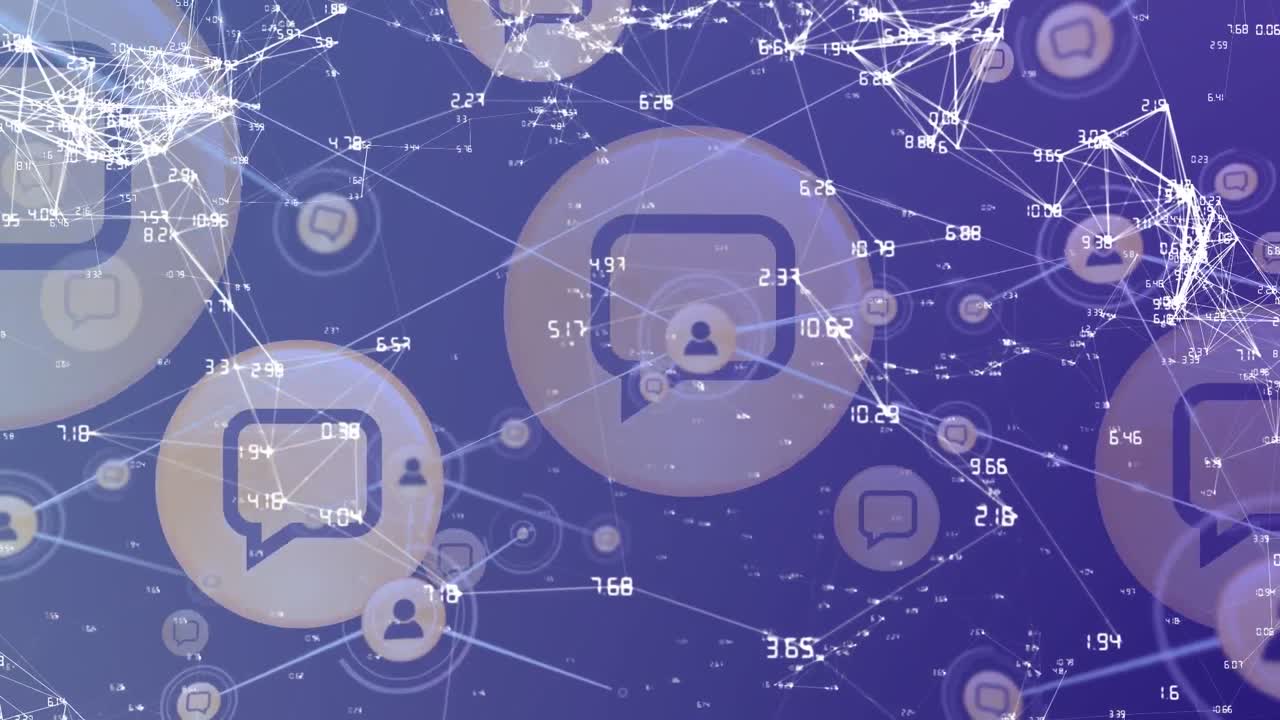 파란색 배경에 아이콘과 모양을 가진 연결 네트워크의 애니메이션