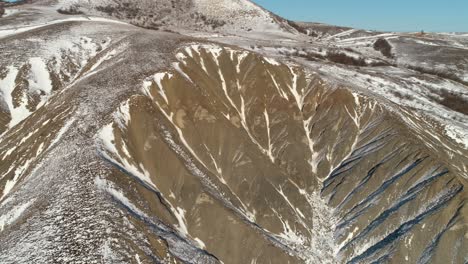 snowy mountain landscape with eroded valleys