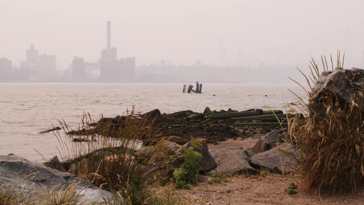 View of Manhattan covered in smoke from wildfires seen from beach on the east river with waves crashing on sandy beach and mossy rocks and grass in the foreground