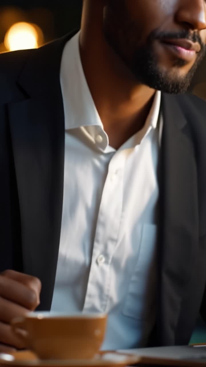 Un uomo sorride, sorseggia un caffè, indossa un abito. Luci calde brillano dolcemente dietro di lui. È seduto, rilassato, in un accogliente caffè. Ideale per scene di affari, incontri o casuali. Nessun animale o pianta presente.