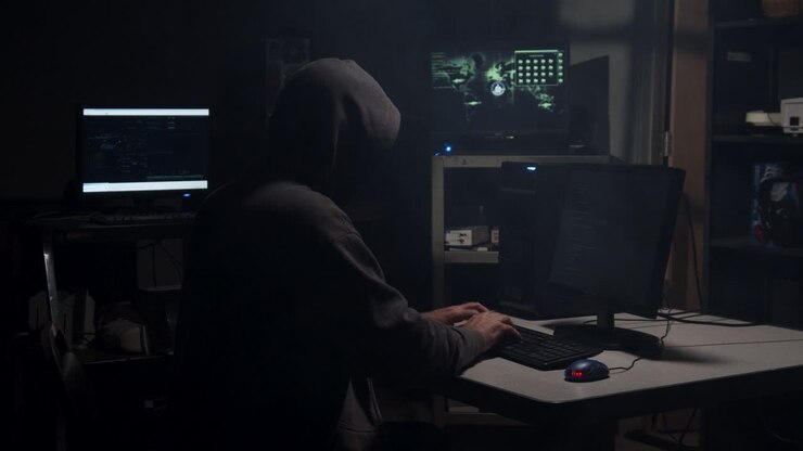 Hacker informatico che digita codice in una stanza sul retro