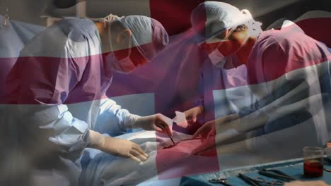 Animation-of-flag-of-england-over-surgeons-in-operating-theatre