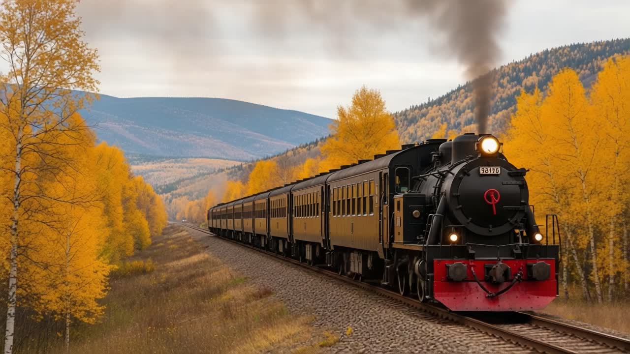 A Classic Steam Locomotive Navigates Through Vibrant Autumn Landscapes, Showcasing Historical Transport Amidst Nature's Golden Beauty