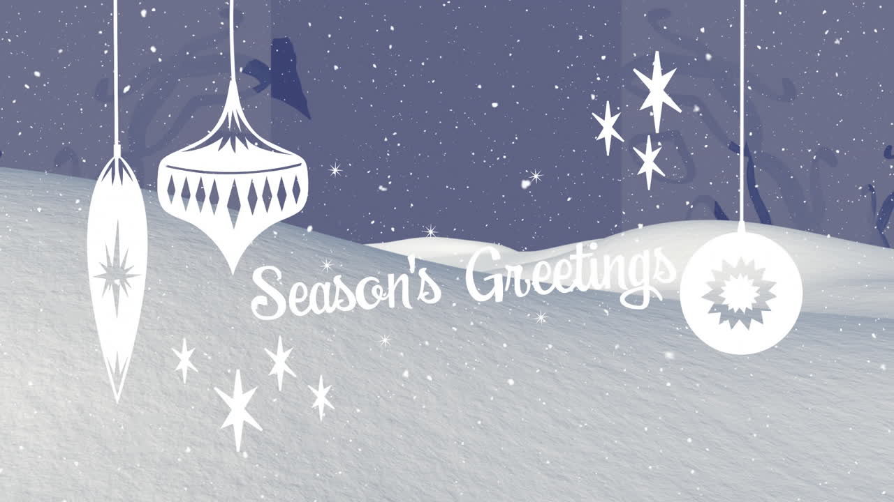 Season Greetings text animation over snowy landscape with hanging ornaments and stars