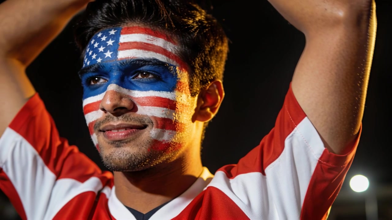 Tifoso con il viso dipinto con la bandiera USA, che indossa una maglia a strisce, alza le braccia allo stadio, reagendo a un gol.