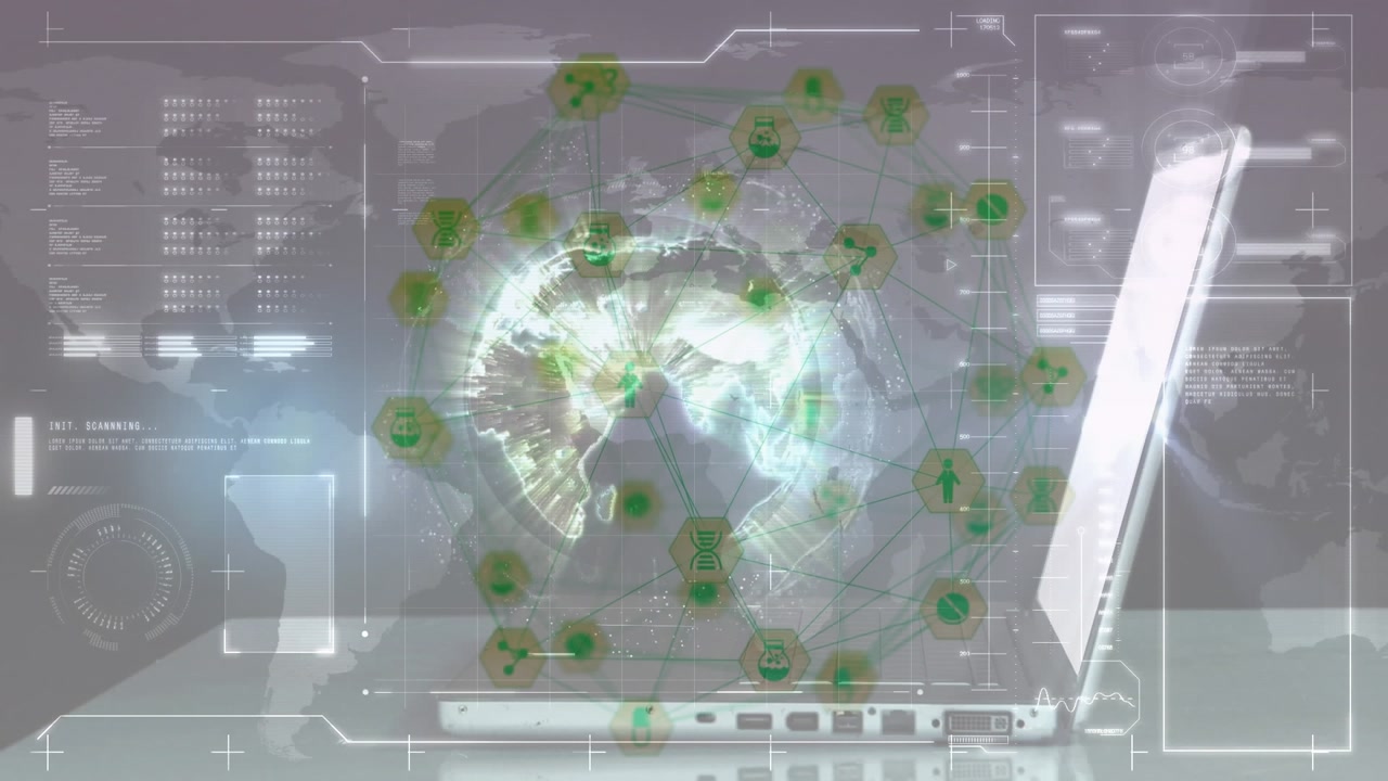 Animation of network of connections with icons and data processing over hands typing on keyboard