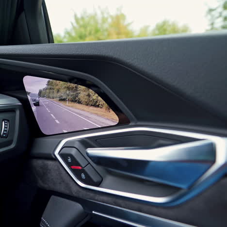 close-up view inside the salon of a car moving on the road. new e-tron audi inside.